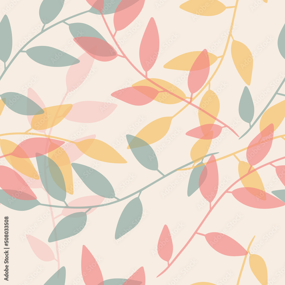 Pastel colors modern leaves branches seamless pattern