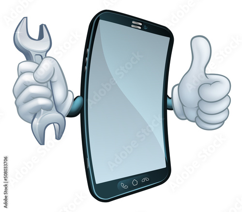 Mobile Phone Repair Spanner Thumbs Up Cartoon