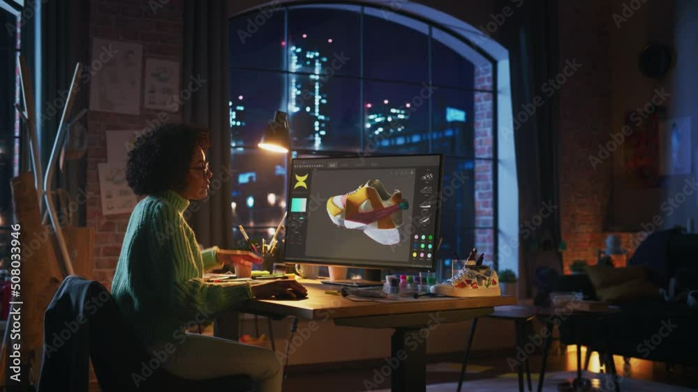Black Teen Designer Looks at High-Poly Model of Shoe Use Program for 3d Modeling and Thinks about How to Improve it. Woman Work Late at Night. Freelance and Millennial People Concept