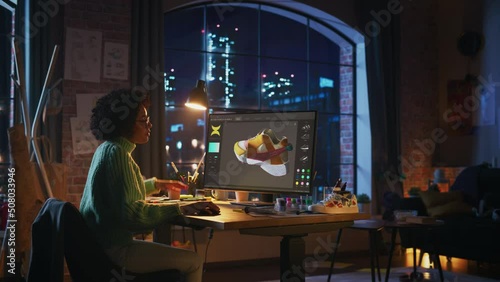 Black Teen Designer Looks at High-Poly Model of Shoe Use Program for 3d Modeling and Thinks about How to Improve it. Woman Work Late at Night. Freelance and Millennial People Concept