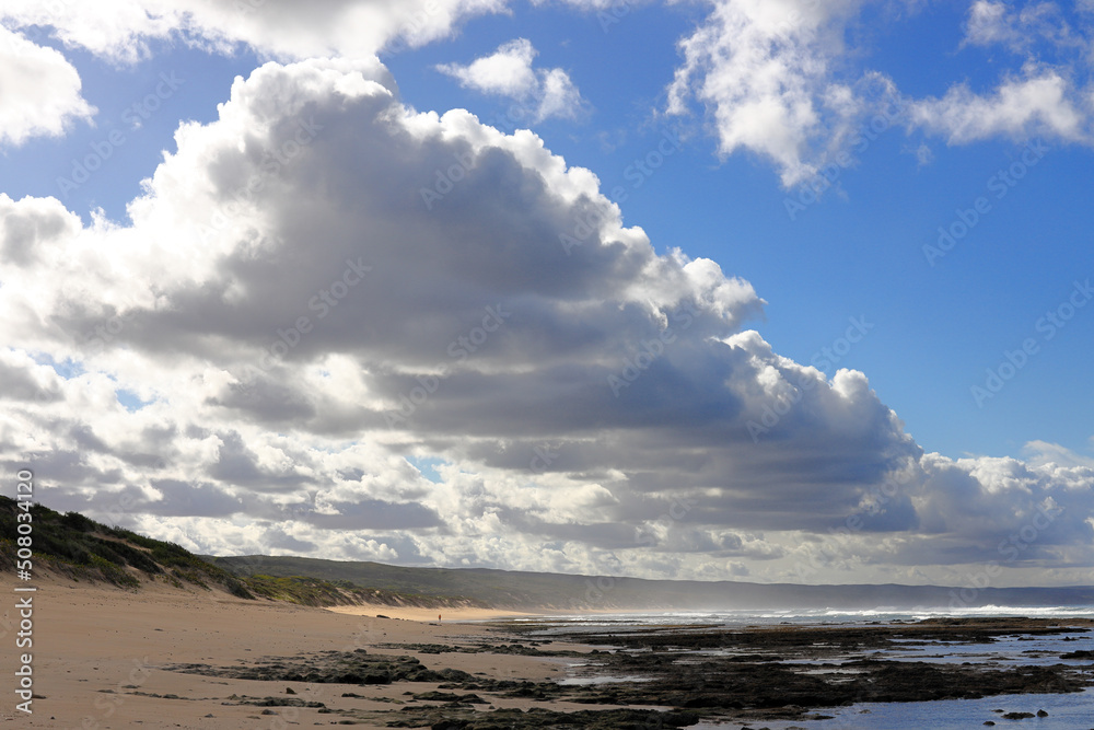 A view along the coastline with beautiful white clouds. Witsand, Western Cape, South Africa.