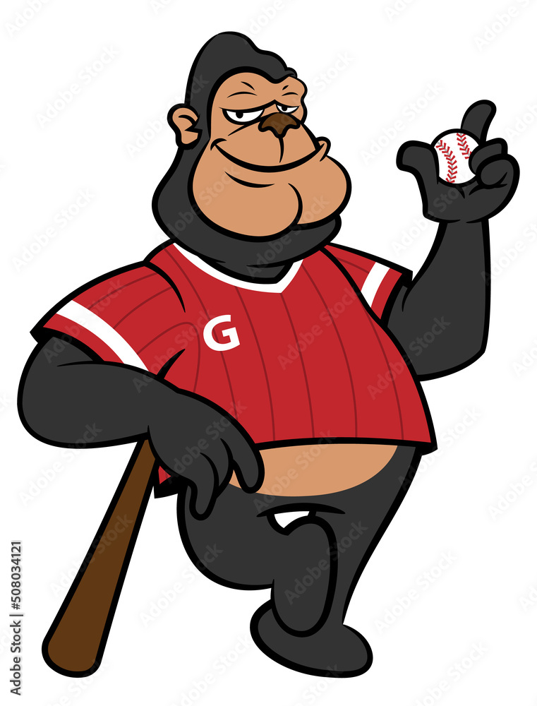 Cartoon illustration of Funny gorilla wearing baseball jersey and cap, holding baseball bat and ball, best for mascot, logo, sticker, and icon of baseball club or baseball tournament for kids Cartoon illustration of Funny gorilla wearing baseball jersey and cap, holding baseball bat and ball, best for mascot, logo, sticker, and icon of baseball club or baseball tournament for kids
