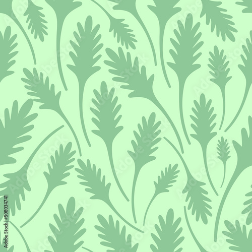 Leaves. Figured part of the plant. Green vegetation. Repeating vector pattern. Seamless floral ornament. Abstract background of leaves. Isolated green background. Idea for web design, packaging
