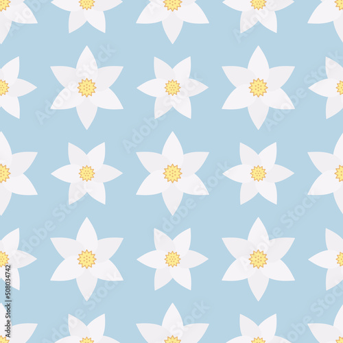 Narcissus. Delicate white flower with a curly yellow core. Seamless vector pattern. Isolated blue background. Flat style. Endless summer ornament. Delicate floral background. Idea for web design