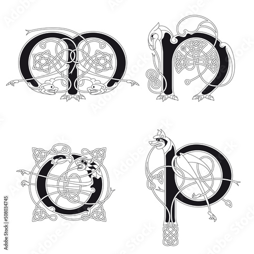 Medieval, Celtic Initial Letter M, N, O and P combining animal body parts and endless knot ornaments in black and white