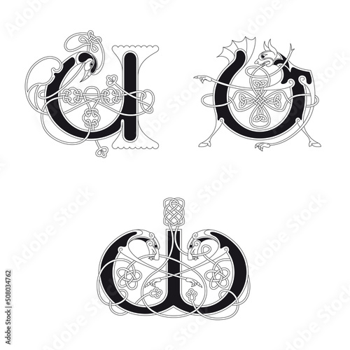 Medieval, Celtic Initial Letter U, V and W combining animal body parts and endless knot ornaments in black and white