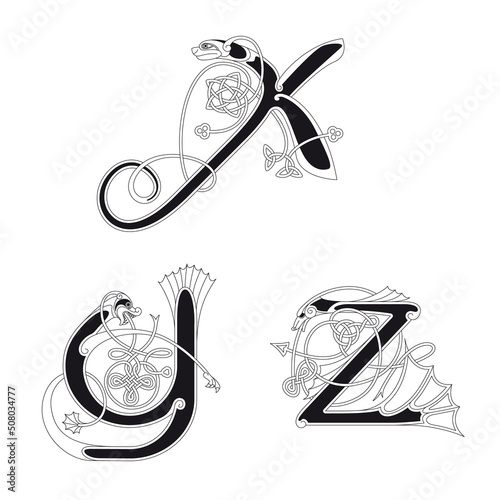 Medieval, Celtic Initial Letter X, Y and Z combining animal body parts and endless knot ornaments in black and white