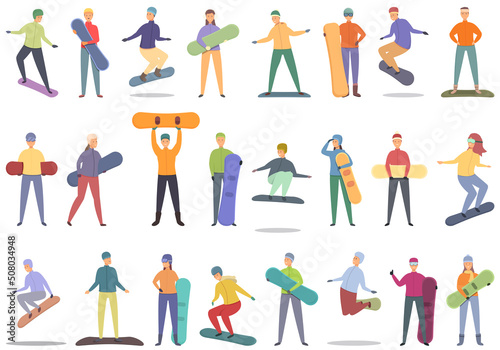 Snowboarding school icons set cartoon vector. Ski activity. Family school