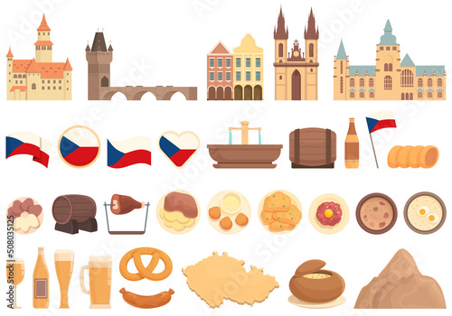 Czech Republic icons set cartoon vector. Prague skyline. Castle map