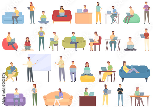 Freelancer education icons set cartoon vector. Business computer. Female work