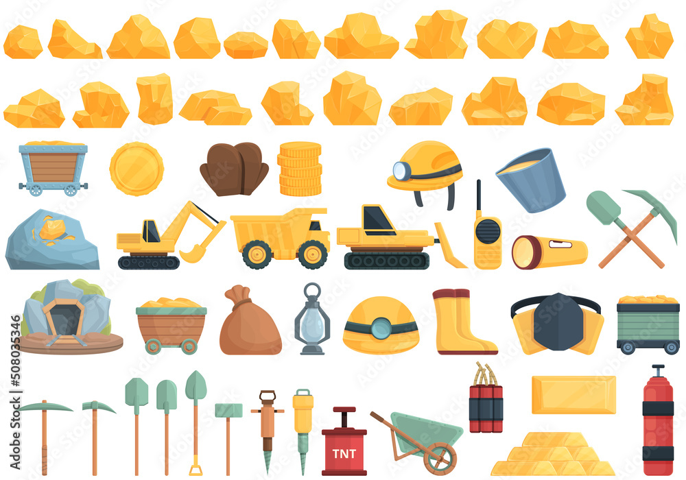 Gold mining icons set cartoon vector. Golden mine. Miner coal Gold mining icons set cartoon vector. Golden mine. Miner coal