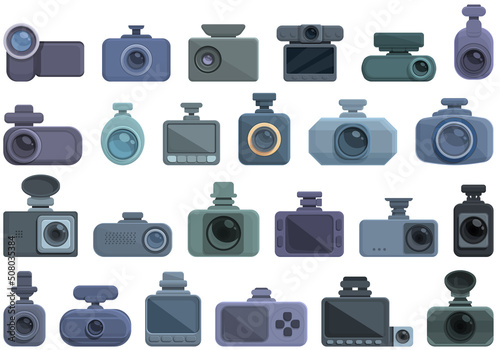Video recorder icons set cartoon vector. Car camera. Digital dvr