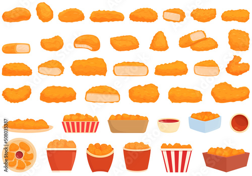 Chicken nuggets icons set cartoon vector. Grill basket. Finger cook