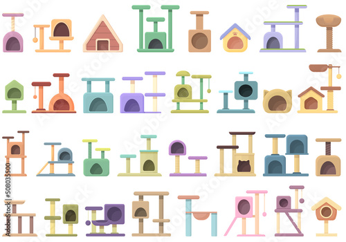 Cat house icons set cartoon vector. Tree tower. House post