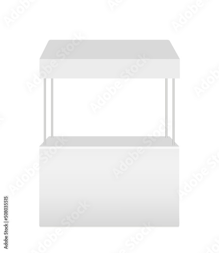 Street mobile market or exhibition stall. White fast food shop. Tent with a roof for trading, outdoor event, trade shows. Vector realistic Mock up. Blank template. Front view.