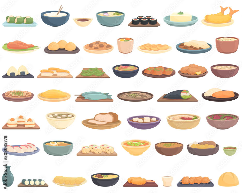 Japanese food icons set cartoon vector. Japan tempura. Asian mochi