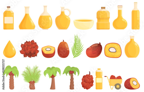 Oil palm icons set cartoon vector. Farm plantation. Coconut tree