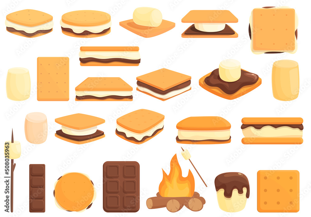 Smore icons set cartoon vector. American bakery. Camp chocolate - obrazy, fototapety, plakaty 