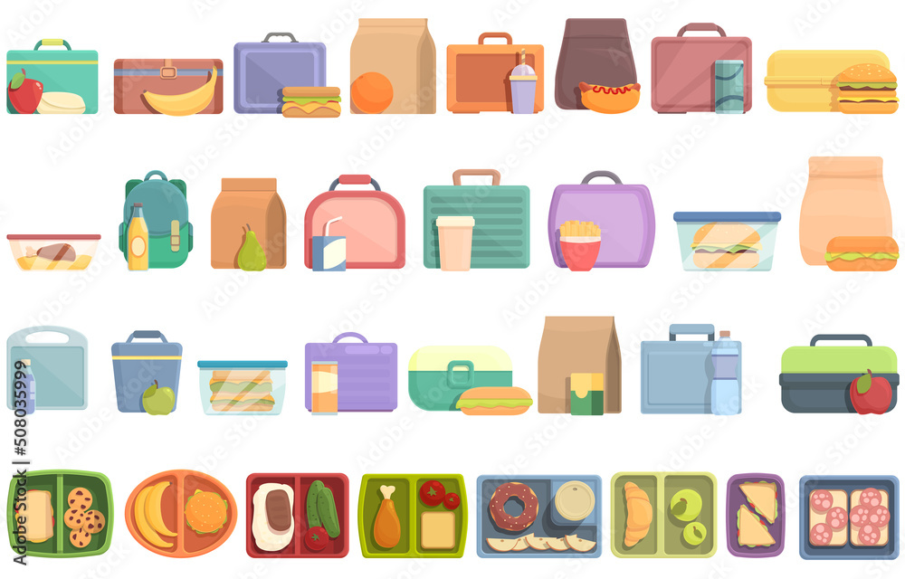 Kids lunch box icons set cartoon vector. Snack kid. Breakfast sandwich Kids lunch box icons set cartoon vector. Snack kid. Breakfast sandwich