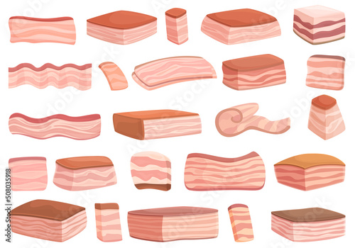 Pork lard icons set cartoon vector. Bacon meat. Beef belly
