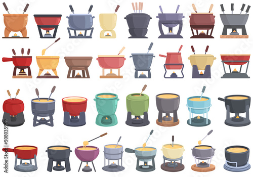 Fondue icons set cartoon vector. Cheese cow. Melted cook