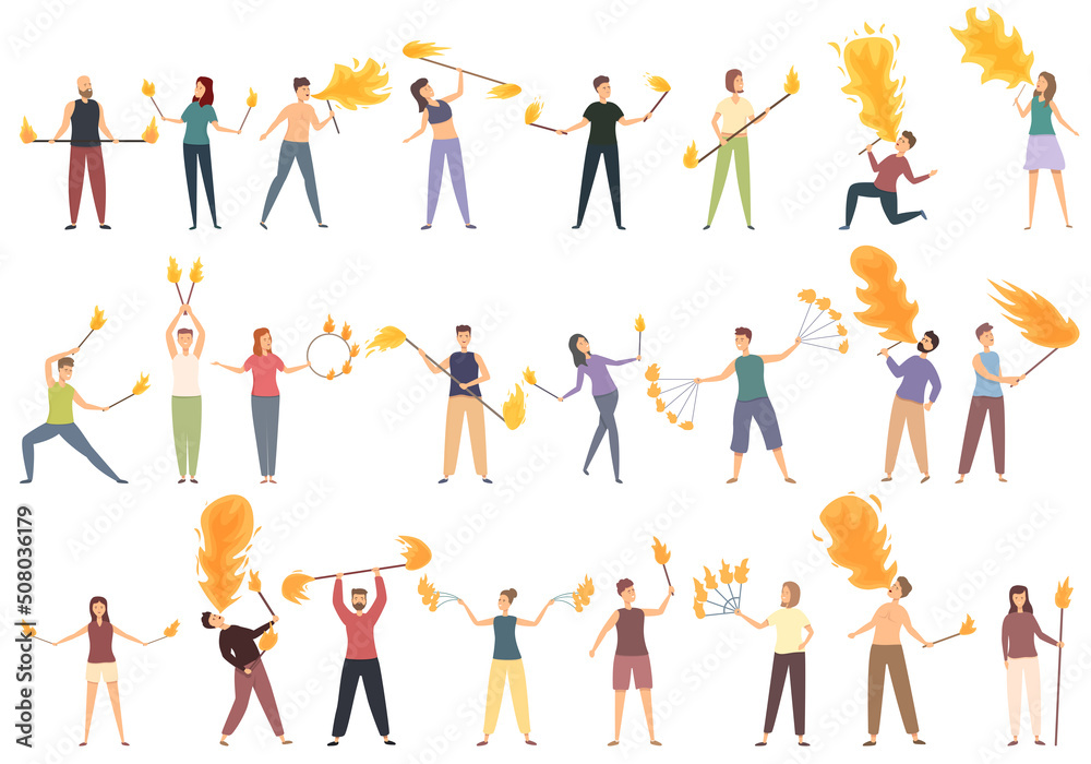 Fire show icons set cartoon vector. Actor amusement. Arena carnival Fire show icons set cartoon vector. Actor amusement. Arena carnival