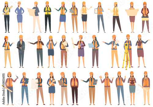 Female construction engineer icons set cartoon vector. Architect worker. Civil construction