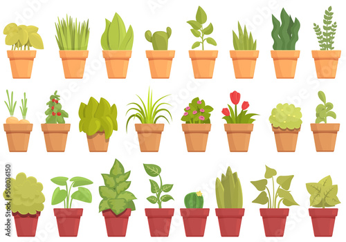 Garden on a windowsill icons set cartoon vector. Blossom apartment. City care
