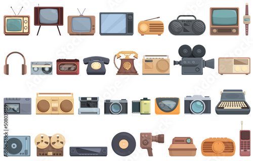 Analogue technology icons set cartoon vector. Audio button. Tape casette