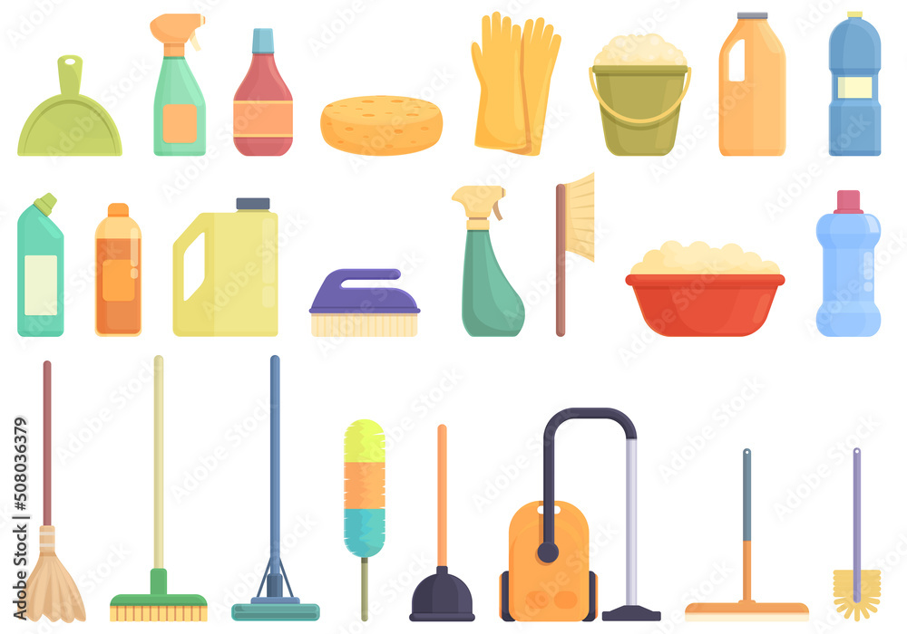 Spring cleaning icons set cartoon vector. Home family. Clean house