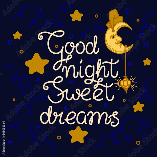 Night sky illustration with stars and moon with good night and sweet dreams lettering.