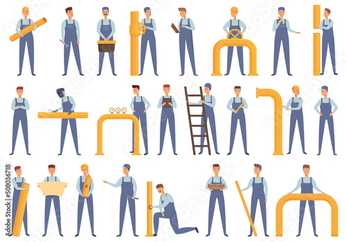 Gasman icons set cartoon vector. Facility technician. Maintenance worker