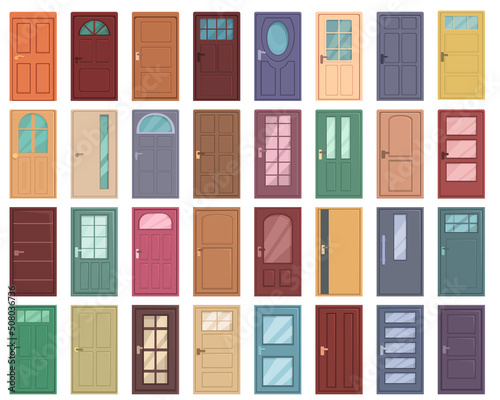 Door icons set cartoon vector. Office glass. Wood home