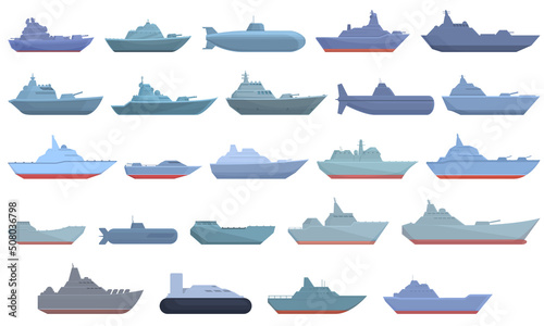 Warship icons set cartoon vector. Military carrier. War boat