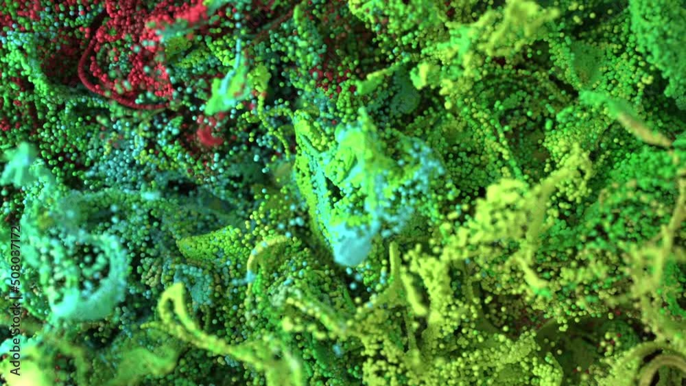 3D rendered abstract disorder flow with green and yellow particles
