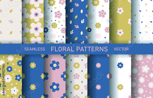 Set of seamless vector floral patterns. Collection of flowers backgrounds for design, fabric, textile etc.