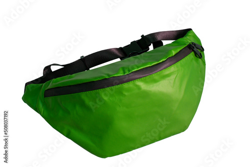 Green bag top view. Empty trendy belly-bag for tourist mockup isolated on white. Clear sport adjust package for carrying phone template.