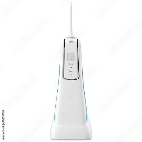 Blue home oral irrigator kit , Waterpik for teeth cleaning, portable water flosser for dental care. Modern white electric toothbrush standing on a white background. Tool for daily oral care. photo