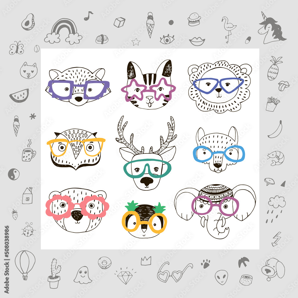 Fototapeta premium Animal funny faces with trendy glasses vector illustrations set