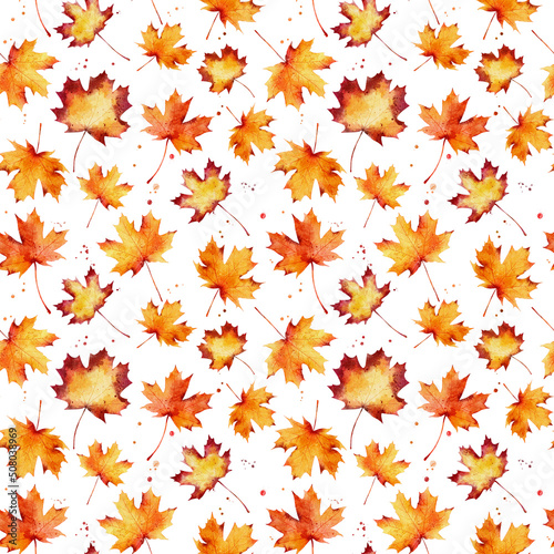 Watercolor seamless pattern with autumn maple leaves isolated on white background.