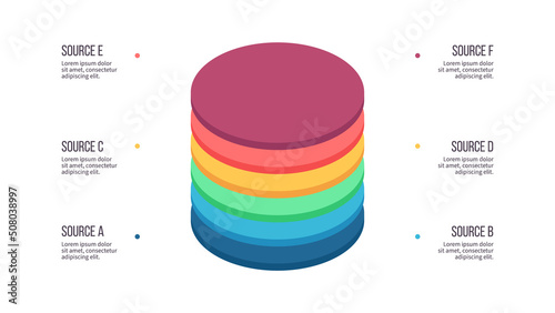 Business process. Chart with 6 steps, options, sections. Vector template.