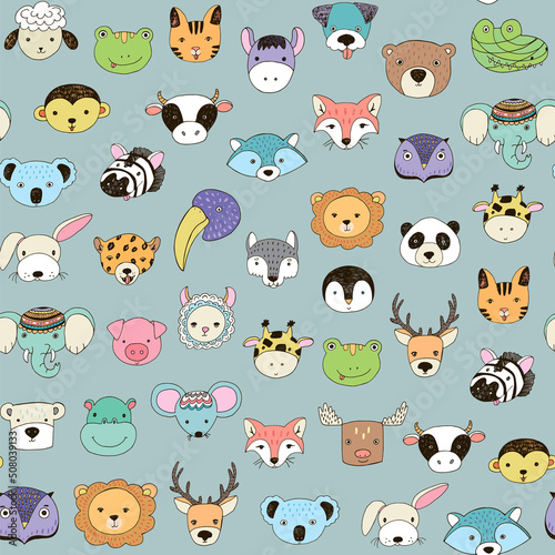 Animal funny faces vector seamless pattern