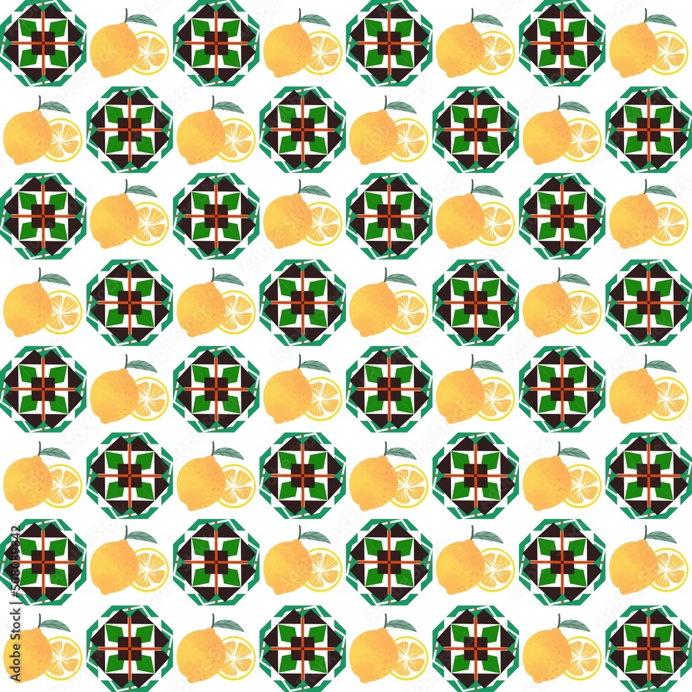 Lemon Season and green floral mandala in seamless pattern Lemon Season and green floral mandala in seamless pattern