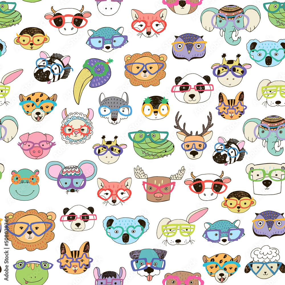 Obraz premium Animal funny faces with trendy glasses vector seamless pattern