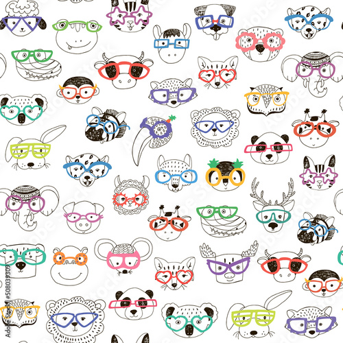 Animal funny faces with trendy glasses vector seamless pattern