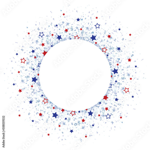 A blue glitter confetti border, with stars and white circle for copy space
