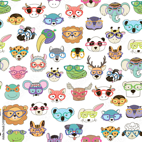 Animal funny faces with trendy glasses vector seamless pattern
