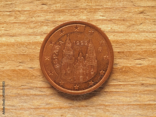 5 cents coin showing Santiago de Compostela cathedral, currency photo