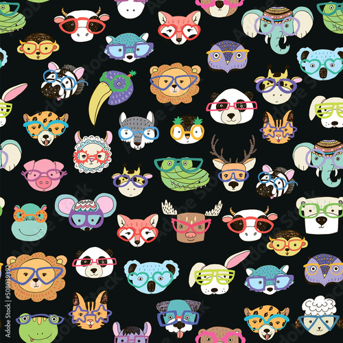Animal funny faces with trendy glasses vector seamless pattern
