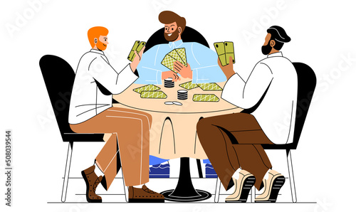 Relaxing together at leisure time. Men play poker, gambling. Characters rest after work, card games for intelligence and logic. Friends rest in room, weekend. Cartoon flat vector illustration